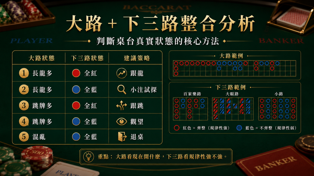 百家樂牌路分析圖，說明如何整合大路狀態與下三路狀態，判斷長龍、跳牌、混亂桌與觀望時機。