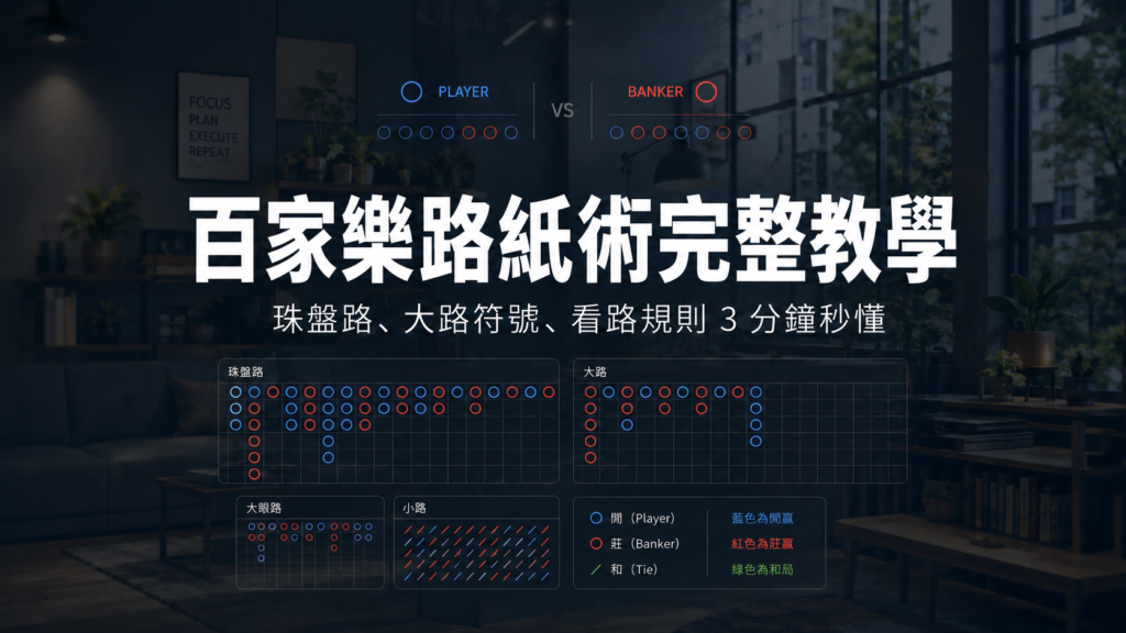 百家樂路紙術完整教學|珠盤路、大路符號、看路規則 3 分鐘秒懂 2 百家樂紙路完整教學圖,介紹珠盤路、大路、大眼路、小路與路單符號規則。