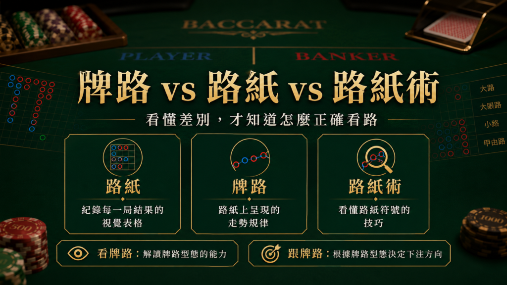 百家樂牌路教學圖，說明牌路、路紙與路紙術的差異，包含結果紀錄、走勢規律與看路技巧。