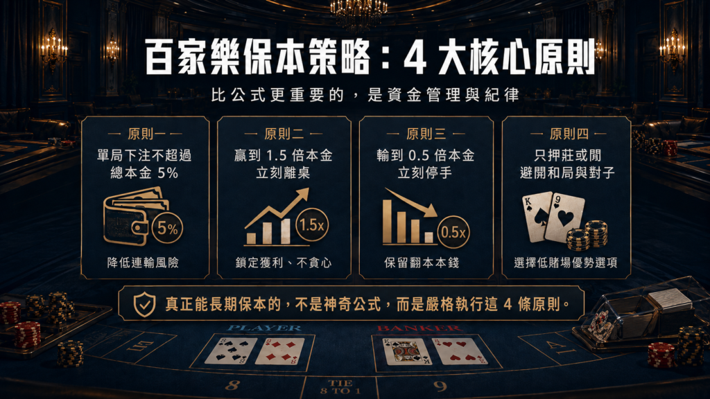 百家樂最強公式教學圖，說明保本策略 4 大核心原則，包括 5% 下注比例、1.5 倍停利、0.5 倍停損與避開和局對子。